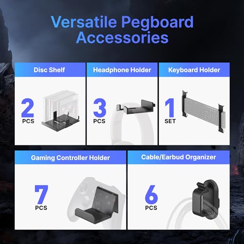 PEGZONE Controller and Headphone Holder Wall Mount, Modular Gaming Pegboard with Accessories, Controller Stand for Xbox PS5 PS4 Switch, Video Game Storage, Disc Shelf Organizer, 14pcs Pegboard, Black