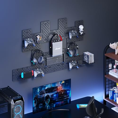 PEGZONE Controller and Headphone Holder Wall Mount, Modular Gaming Pegboard with Accessories, Controller Stand for Xbox PS5 PS4 Switch, Video Game Storage, Disc Shelf Organizer, 14pcs Pegboard, Black