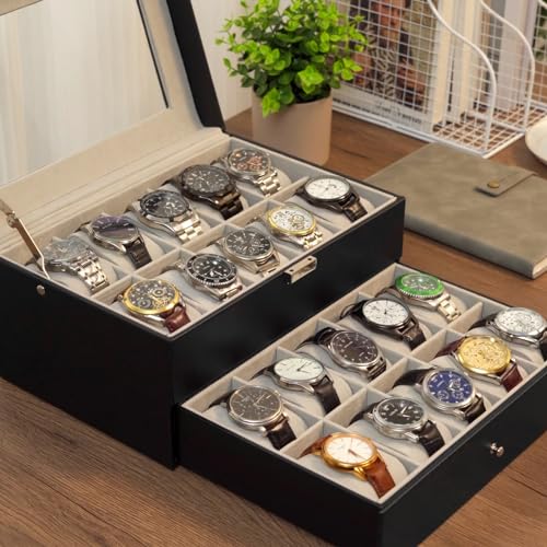 ProCase Watch Box for Men, 20 Slot Watch Display Case Mens Watch Box Organizer, PU Leather Watch Cases for Men Watch Storage, Father's Day Gift Watch Holder Organizer -20 Slot, Black