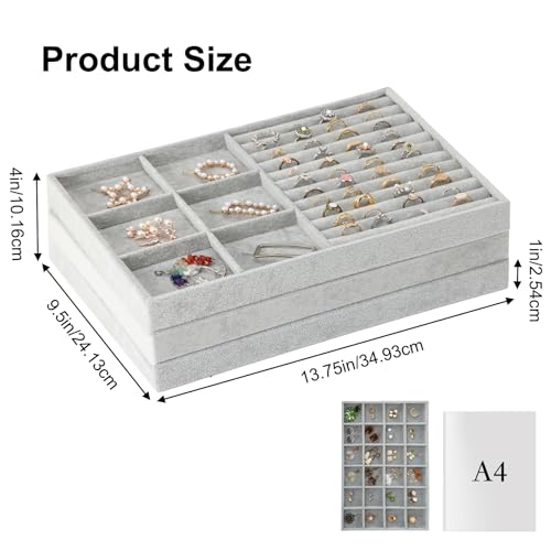 Fixwal 13.8in Jewelry Organizer Trays, Large Stackable Jewelry Tray for Drawers, Jewelry Storage for Earring Ring Necklace Bracelet Watch with Removable Divider, Grey, Set of 3
