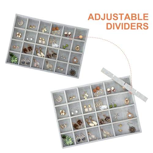 Fixwal 13.8in Jewelry Organizer Trays, Large Stackable Jewelry Tray for Drawers, Jewelry Storage for Earring Ring Necklace Bracelet Watch with Removable Divider, Grey, Set of 3