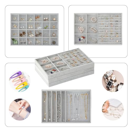 Fixwal 13.8in Jewelry Organizer Trays, Large Stackable Jewelry Tray for Drawers, Jewelry Storage for Earring Ring Necklace Bracelet Watch with Removable Divider, Grey, Set of 3