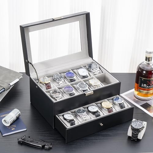 ProCase Watch Box for Men, 20 Slot Watch Display Case Mens Watch Box Organizer, PU Leather Watch Cases for Men Watch Storage, Father's Day Gift Watch Holder Organizer -20 Slot, Black