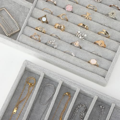 Fixwal 13.8in Jewelry Organizer Trays, Large Stackable Jewelry Tray for Drawers, Jewelry Storage for Earring Ring Necklace Bracelet Watch with Removable Divider, Grey, Set of 3