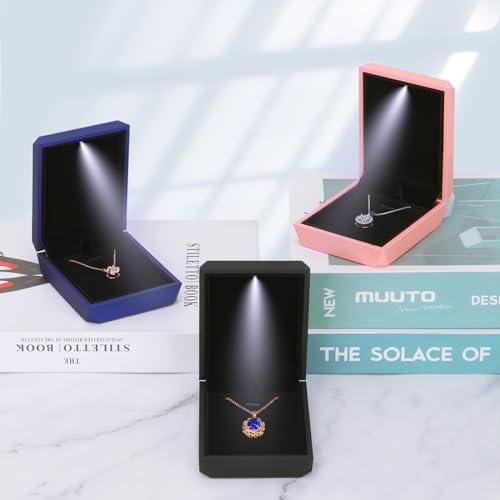 Luxury LED Light Pendant Necklace Gift Box, Velvet Jewelry Box Storage Case Organizer Holder for Proposal Engagement Wedding Anniversary Birthday Valentine's Day (BLACK)