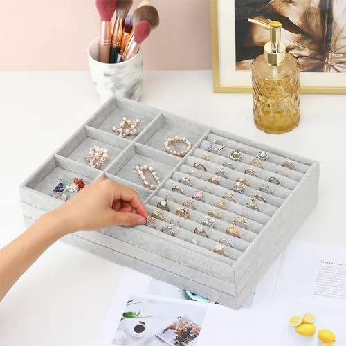 Fixwal 13.8in Jewelry Organizer Trays, Large Stackable Jewelry Tray for Drawers, Jewelry Storage for Earring Ring Necklace Bracelet Watch with Removable Divider, Grey, Set of 3