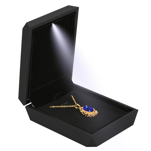 Luxury LED Light Pendant Necklace Gift Box, Velvet Jewelry Box Storage Case Organizer Holder for Proposal Engagement Wedding Anniversary Birthday Valentine's Day (BLACK)