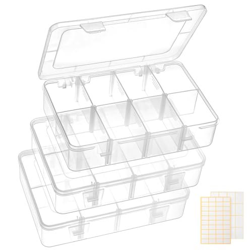 QUEFE 3 Pack 8 Grids Bead Organizers and Storage, Plastic Organizer Box with Removable Dividers Tackle Box Organizer for Candies Snacks Electronics Jewelry Small Parts