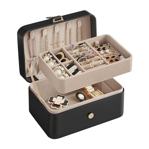 SONGMICS Jewelry Box, Travel Jewelry Case, 2-Layer Jewelry Holder Organizer, 4.6 x 6.3 x 3 Inches, Portable, Versatile Earring Storage, for Larger Accessories, Gift Idea, Ink Black UJBC166B01