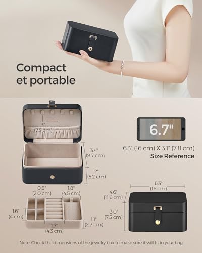 SONGMICS Jewelry Box, Travel Jewelry Case, 2-Layer Jewelry Holder Organizer, 4.6 x 6.3 x 3 Inches, Portable, Versatile Earring Storage, for Larger Accessories, Gift Idea, Ink Black UJBC166B01