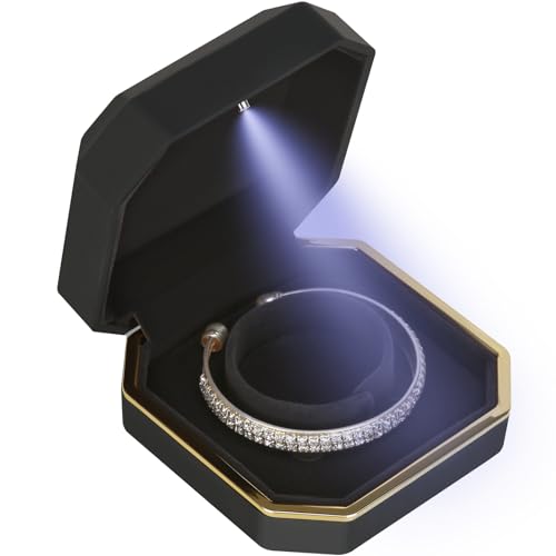Luxury LED Jewelry Bracelet Gift Box with LED Light, Velvet Small Jewelry Box Storage Case Organizer Holder for Wedding, Engagement, Proposal, Birthday and Anniversary (Black)