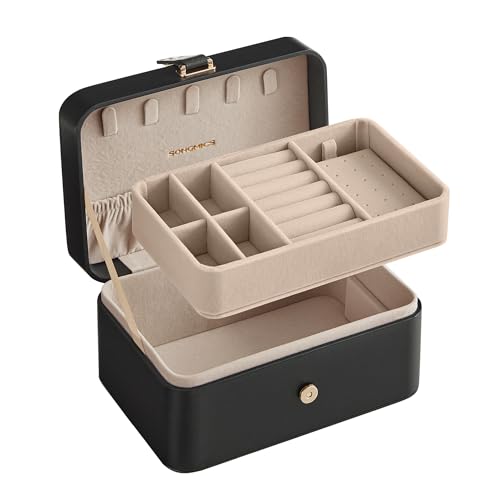 SONGMICS Jewelry Box, Travel Jewelry Case, 2-Layer Jewelry Holder Organizer, 4.6 x 6.3 x 3 Inches, Portable, Versatile Earring Storage, for Larger Accessories, Gift Idea, Ink Black UJBC166B01