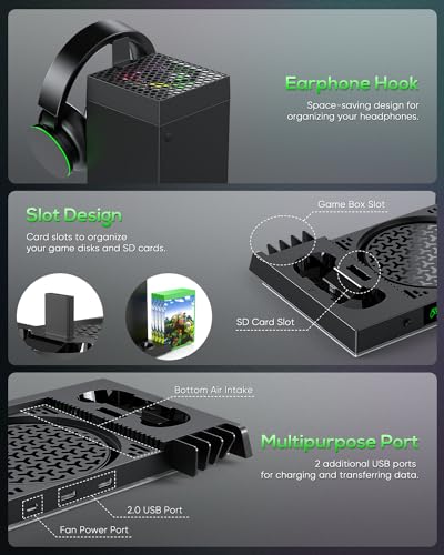 Auto Cooling Fan and Charge Stand Accessories for Xbox Series X Console with 15 Light Modes, Wireless Dual Charger Dock for XSX Controller, 2 Rechargeable Batteries, Headset Stand & Game Disc Storage