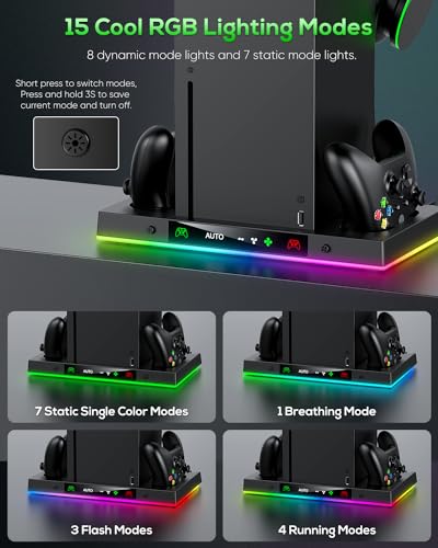 Auto Cooling Fan and Charge Stand Accessories for Xbox Series X Console with 15 Light Modes, Wireless Dual Charger Dock for XSX Controller, 2 Rechargeable Batteries, Headset Stand & Game Disc Storage