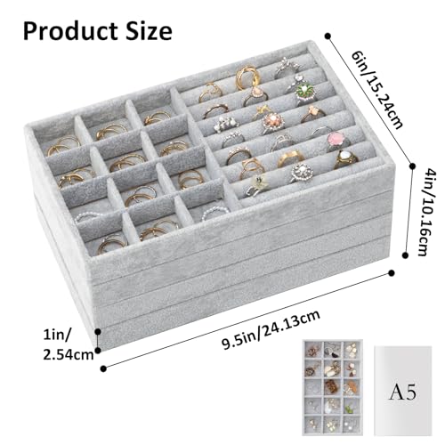 Fixwal Set of 4 Jewelry Tray, 9in Stackable Jewelry Organizer Drawer, Jewelry Storage for Earring, Necklace, Bracelet, Rings with Removable Divider, Grey