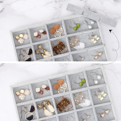 Fixwal Set of 4 Jewelry Tray, 9in Stackable Jewelry Organizer Drawer, Jewelry Storage for Earring, Necklace, Bracelet, Rings with Removable Divider, Grey