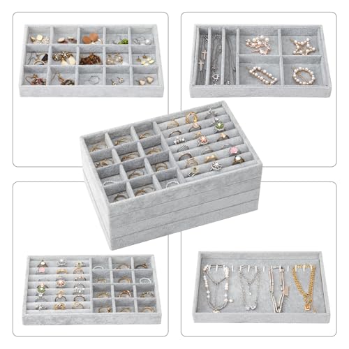 Fixwal Set of 4 Jewelry Tray, 9in Stackable Jewelry Organizer Drawer, Jewelry Storage for Earring, Necklace, Bracelet, Rings with Removable Divider, Grey