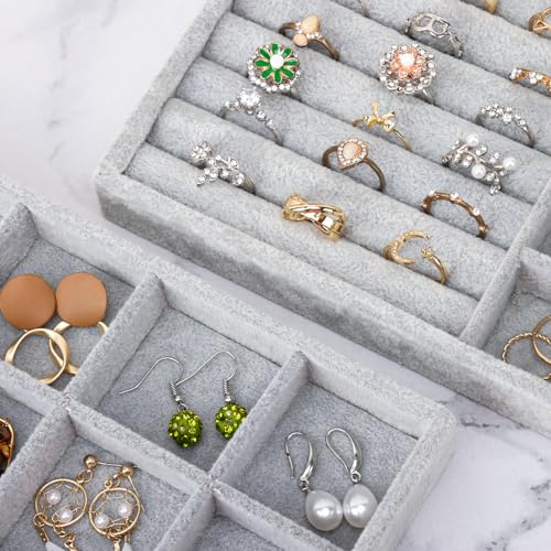 Fixwal Set of 4 Jewelry Tray, 9in Stackable Jewelry Organizer Drawer, Jewelry Storage for Earring, Necklace, Bracelet, Rings with Removable Divider, Grey