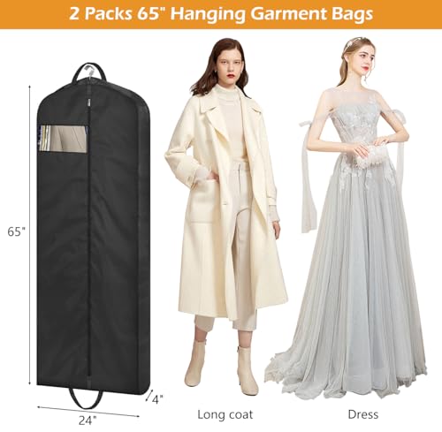 MISSLO 65" Long Garment Bags for Travel Dress Bags Wedding Dress Cover Waterproof Clothing Bags Storage Traveling Clothes Protector for Closet Wardrobe Bags 2 Packs for Gowns, Tuxedos, Coats, Black