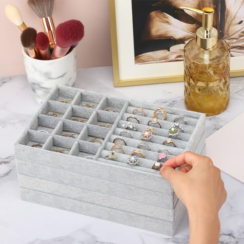 Fixwal Set of 4 Jewelry Tray, 9in Stackable Jewelry Organizer Drawer, Jewelry Storage for Earring, Necklace, Bracelet, Rings with Removable Divider, Grey