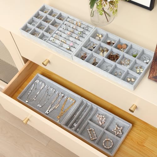 Fixwal Set of 4 Jewelry Tray, 9in Stackable Jewelry Organizer Drawer, Jewelry Storage for Earring, Necklace, Bracelet, Rings with Removable Divider, Grey