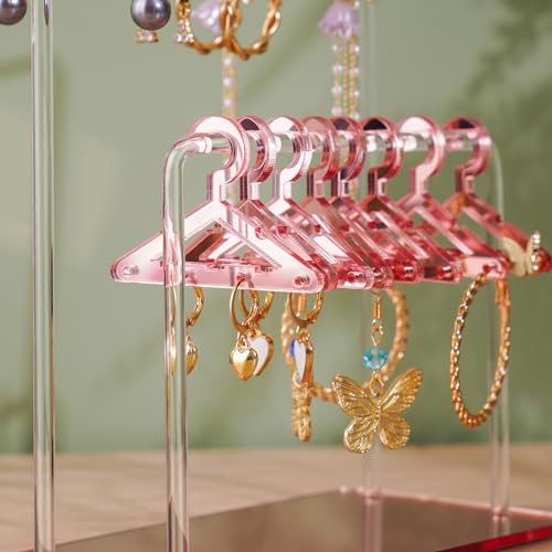 NiHome Acrylic Earring Holder with Unique Double-Tiered Design, Cute Miniature Clothing Hangers with Spacious Storage for 48 Pairs, Mirror-Finish Display for Home Vanity & Retail Showrooms (Rose Gold)