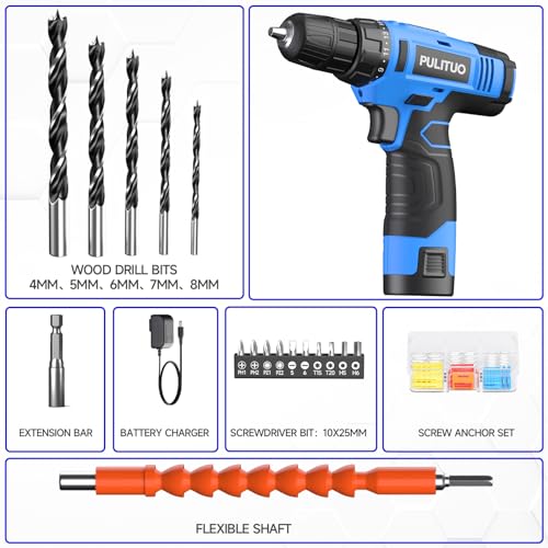 PULITUO 12V Blue Cordless Drill Set with Accessories