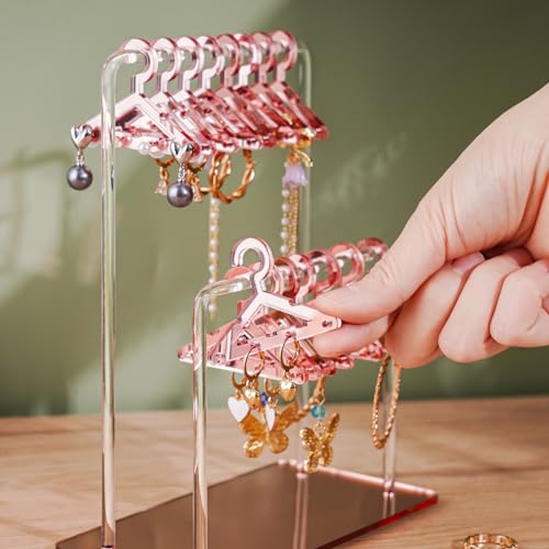 NiHome Acrylic Earring Holder with Unique Double-Tiered Design, Cute Miniature Clothing Hangers with Spacious Storage for 48 Pairs, Mirror-Finish Display for Home Vanity & Retail Showrooms (Rose Gold)