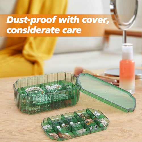 LETURE 3-Layer Jewelry Organizer Box for Earrings, Rings, Necklaces, Bracelets, Clear Plastic Bead Storage Containers for Crafts (Green)
