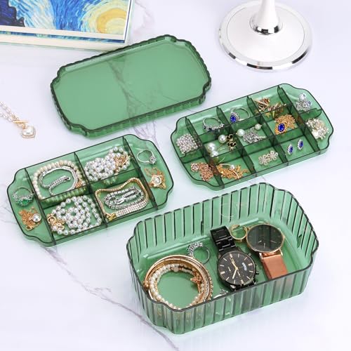 LETURE 3-Layer Jewelry Organizer Box for Earrings, Rings, Necklaces, Bracelets, Clear Plastic Bead Storage Containers for Crafts (Green)