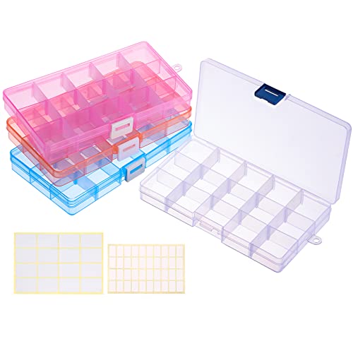 QUEFE 4 Pack 15 Grids Bead Organizers and Storage, Small Plastic Jewelry Organizer Box with Removable Dividers for Beads Earring Storage Containers(6.9 x 3.9 x 0.9 Inches)
