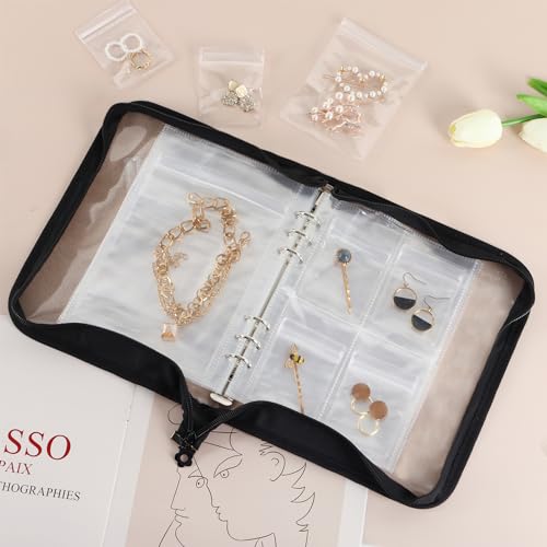 Fixwal Earring Organizer Case, Travel Jewelry Organizer Transparent Jewelry Storage Book Set for Earring Necklace Ring Holder with Small Clear Zippered Pouch (Black)