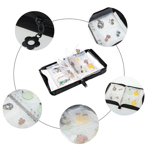 Fixwal Earring Organizer Case, Travel Jewelry Organizer Transparent Jewelry Storage Book Set for Earring Necklace Ring Holder with Small Clear Zippered Pouch (Black)
