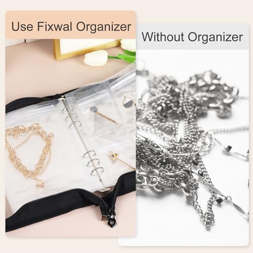 Fixwal Earring Organizer Case, Travel Jewelry Organizer Transparent Jewelry Storage Book Set for Earring Necklace Ring Holder with Small Clear Zippered Pouch (Black)