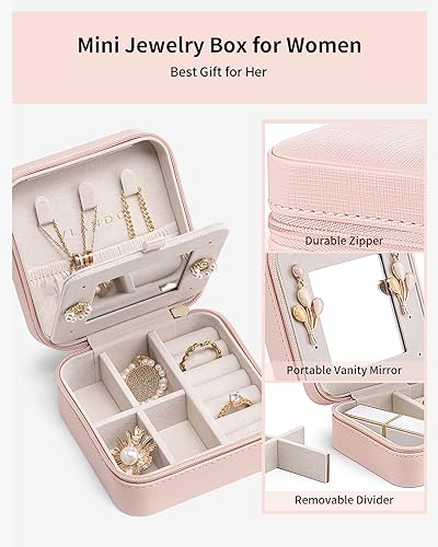 Vlando Small Travel Jewelry Box Organizer -Jewelry Display Case for Girls Women Bridesmaid Gift Rings Earrings Necklaces Storage with Mirror Pink