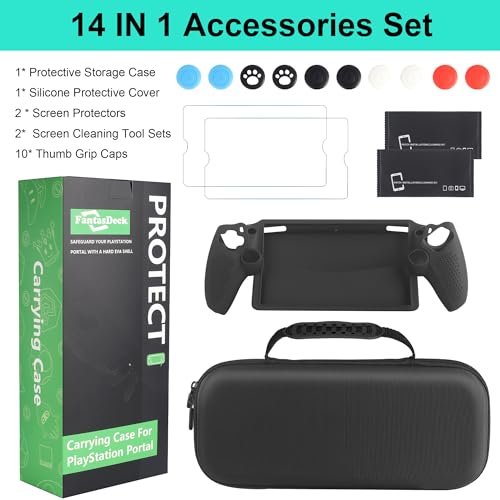 FantasDeck 14 IN 1 Kit for Playstation Portal Remote Player Accessories Carrying Case Hard Shell Storage Bag with Soft Silicone Portective Cover, Screen Portector, Thumb Grip Caps