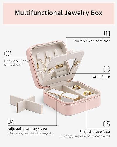 Vlando Small Travel Jewelry Box Organizer -Jewelry Display Case for Girls Women Bridesmaid Gift Rings Earrings Necklaces Storage with Mirror Pink