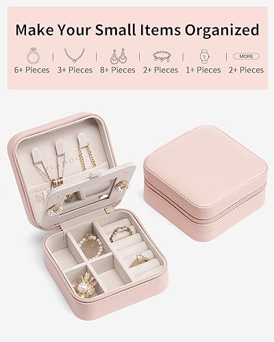 Vlando Small Travel Jewelry Box Organizer -Jewelry Display Case for Girls Women Bridesmaid Gift Rings Earrings Necklaces Storage with Mirror Pink
