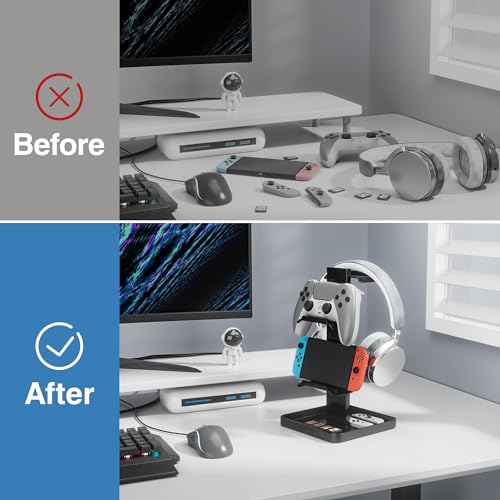 bussdis Headphone Stand-Controller Holder Headset Holder, Metal Earphone Stand, Gaming Headset Hanger with Bottom Storage for Headphones, Controller, Switch, iPad, Mobile Phone.