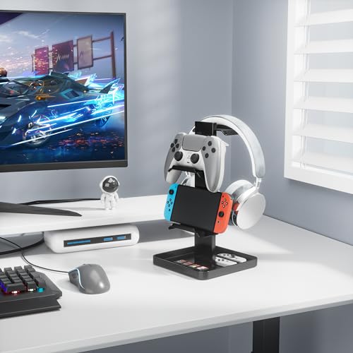 bussdis Headphone Stand-Controller Holder Headset Holder, Metal Earphone Stand, Gaming Headset Hanger with Bottom Storage for Headphones, Controller, Switch, iPad, Mobile Phone.