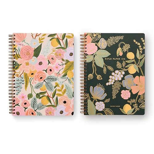 RIFLE PAPER CO. Spiral Notebook Pack of 2 | 150 Ruled Pages, Inner Storage Pocket Folders, Double-Spiral Binding, Metallic Gold Foil Accents (8.25" L x 6.25" W), Colette & Garden Party