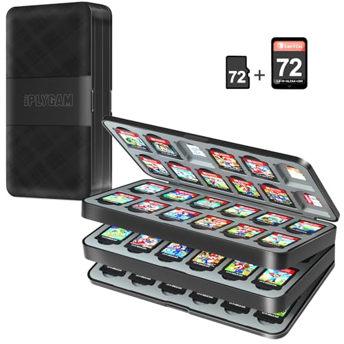 iPLYGAM Switch Game Case Holder for Nintendo Switch & OLED & Lite, Game Organizer Carrying Cases with 72 Cartridge Slots and 72 micro SD Card Storage,Magnetic Closure, Hard Shell Soft Lining,Black