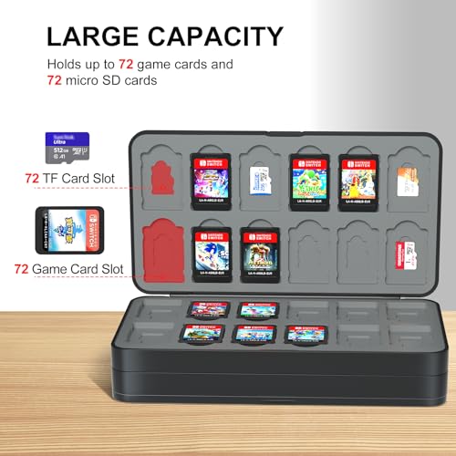 iPLYGAM Switch Game Case Holder for Nintendo Switch & OLED & Lite, Game Organizer Carrying Cases with 72 Cartridge Slots and 72 micro SD Card Storage,Magnetic Closure, Hard Shell Soft Lining,Black