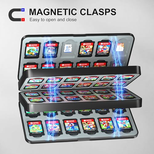 iPLYGAM Switch Game Case Holder for Nintendo Switch & OLED & Lite, Game Organizer Carrying Cases with 72 Cartridge Slots and 72 micro SD Card Storage,Magnetic Closure, Hard Shell Soft Lining,Black