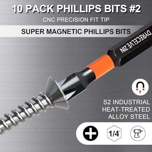 10-Pack Phillips Bits #2 Impact Magnetic 2 Phillips Bits- PH2 Bits Premium S2 Alloy Steel Phillips Head Drill Bits- Phillips Screwdriver Bits (2-Inch Long Phillips Bit Set) 1/4 Hex Shank Screw Bits