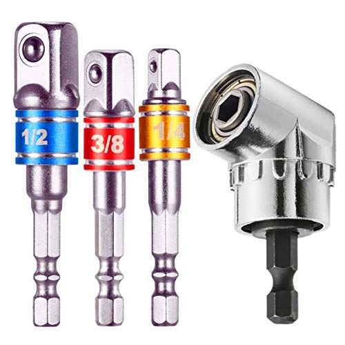 3Pcs 1/4" 3/8" 1/2" Cr-V Hex Shank Impact Grade Socket Adapter/Extension Set + 105 Degree New Right Angle Drill Bit Adapter Attachment 1/4" Drive 6mm Hex Magnetic Bit Socket Screwdriver Holder Adaptor
