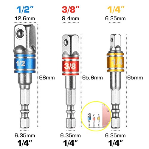 3Pcs 1/4" 3/8" 1/2" Cr-V Hex Shank Impact Grade Socket Adapter/Extension Set + 105 Degree New Right Angle Drill Bit Adapter Attachment 1/4" Drive 6mm Hex Magnetic Bit Socket Screwdriver Holder Adaptor