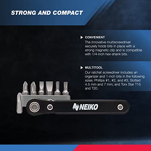 NEIKO 03044A 1/4-Inch Drive Mini Ratchet Screwdriver Set, 8 Pc, Cr-V Steel, Tight Reach, 90 Degree Screwdriver, Low Profile, Close Quarter, Right Angle Offset, Short Phillips, Slotted, Torx Star