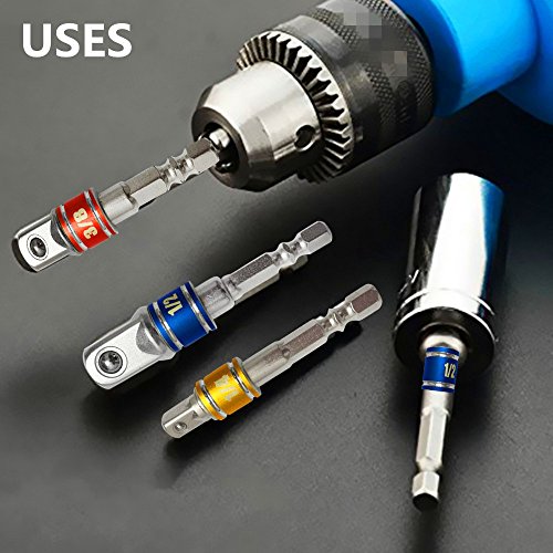 3Pcs 1/4" 3/8" 1/2" Cr-V Hex Shank Impact Grade Socket Adapter/Extension Set + 105 Degree New Right Angle Drill Bit Adapter Attachment 1/4" Drive 6mm Hex Magnetic Bit Socket Screwdriver Holder Adaptor