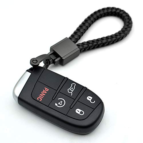 FEYOUN Universal Black Leather Car Fob Keychain Metal Keyring Woven Strap Braided Rope Key Chain for Men and Women - Matte Black Color, with 360 Degree Rotatable D-ring and Screwdriver